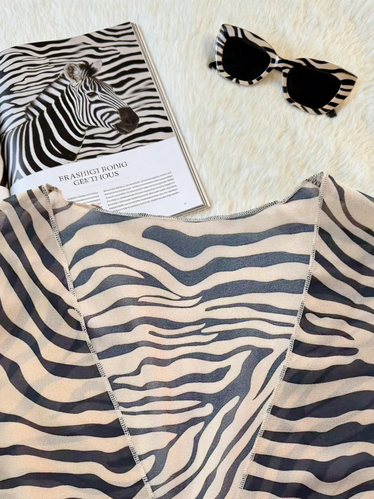 Floral Chiffon Top, Tie Front, Half Sleeve Casual Summer Top, Zebra Print Pattern Brown