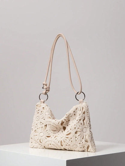 Floral Hollow Out Woven Bag, Bohemian Shoulder Bag, Straw Bag, Metal Round Clasp Underarm Bag, Beach Handbag (Pattern Random), Raffia