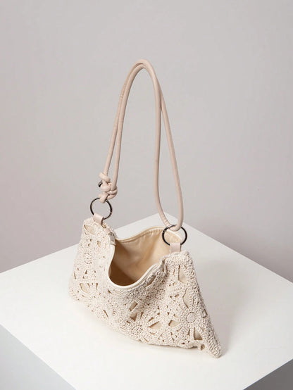 Floral Hollow Out Woven Bag, Bohemian Shoulder Bag, Straw Bag, Metal Round Clasp Underarm Bag, Beach Handbag (Pattern Random), Raffia