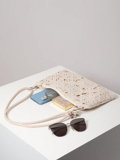Floral Hollow Out Woven Bag, Bohemian Shoulder Bag, Straw Bag, Metal Round Clasp Underarm Bag, Beach Handbag (Pattern Random), Raffia