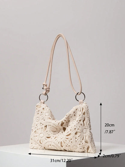 Floral Hollow Out Woven Bag, Bohemian Shoulder Bag, Straw Bag, Metal Round Clasp Underarm Bag, Beach Handbag (Pattern Random), Raffia