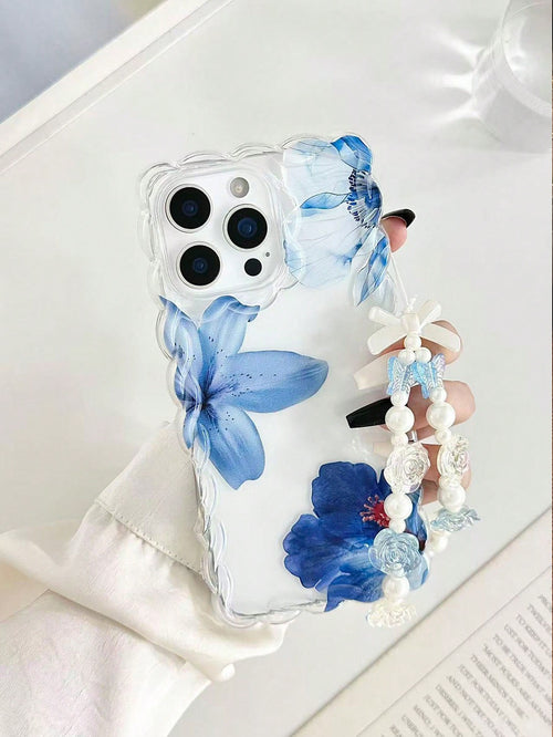 Floral Painted Braided Wave Edge Minimalist Elegant TPU Painted Shockproof Phone Case With Handmade Beaded Bracelet Accessory, Compatible With IPhone 17pro/17Air/17/17promax 16/11/16pro/16plus/16prom