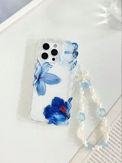 Floral Painted Braided Wave Edge Minimalist Elegant TPU Painted Shockproof Phone Case With Handmade Beaded Bracelet Accessory, Compatible With IPhone 17pro/17Air/17/17promax 16/11/16pro/16plus/16prom
