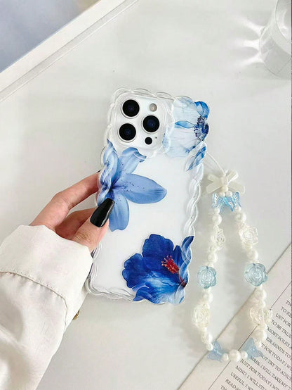 Floral Painted Braided Wave Edge Minimalist Elegant TPU Painted Shockproof Phone Case With Handmade Beaded Bracelet Accessory, Compatible With IPhone 17pro/17Air/17/17promax 16/11/16pro/16plus/16prom