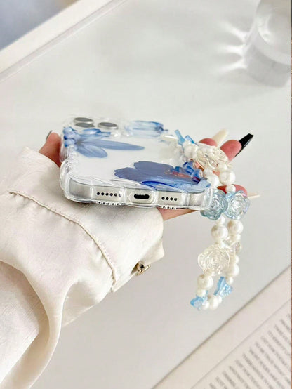 Floral Painted Braided Wave Edge Minimalist Elegant TPU Painted Shockproof Phone Case With Handmade Beaded Bracelet Accessory, Compatible With IPhone 17pro/17Air/17/17promax 16/11/16pro/16plus/16prom