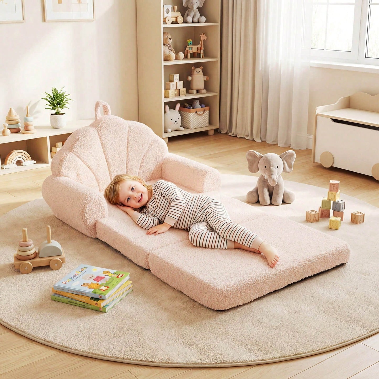 Fold-Out Kids Sofa 2-In-1 Convertible Toddler Couch & Lounger With Non-Slip Base Beige/Green/Pink