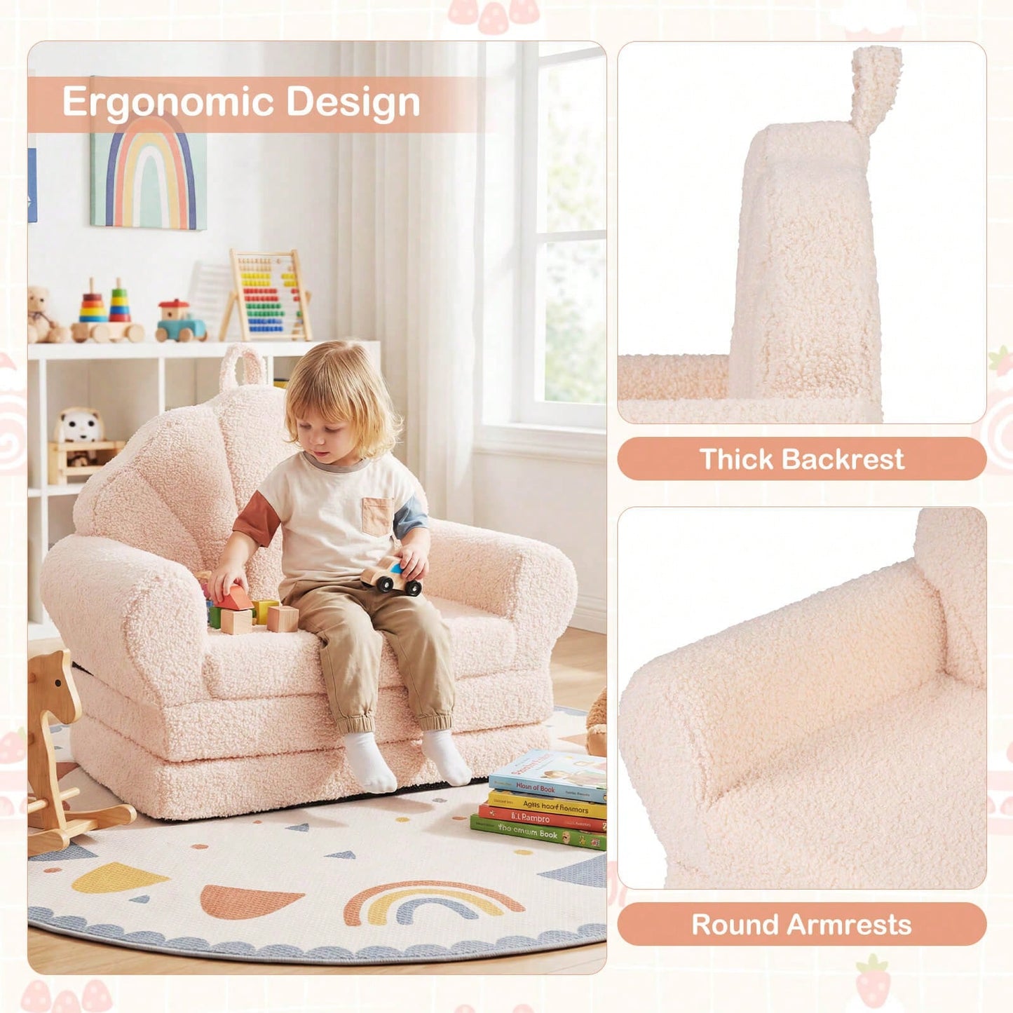 Fold-Out Kids Sofa 2-In-1 Convertible Toddler Couch & Lounger With Non-Slip Base Beige/Green/Pink