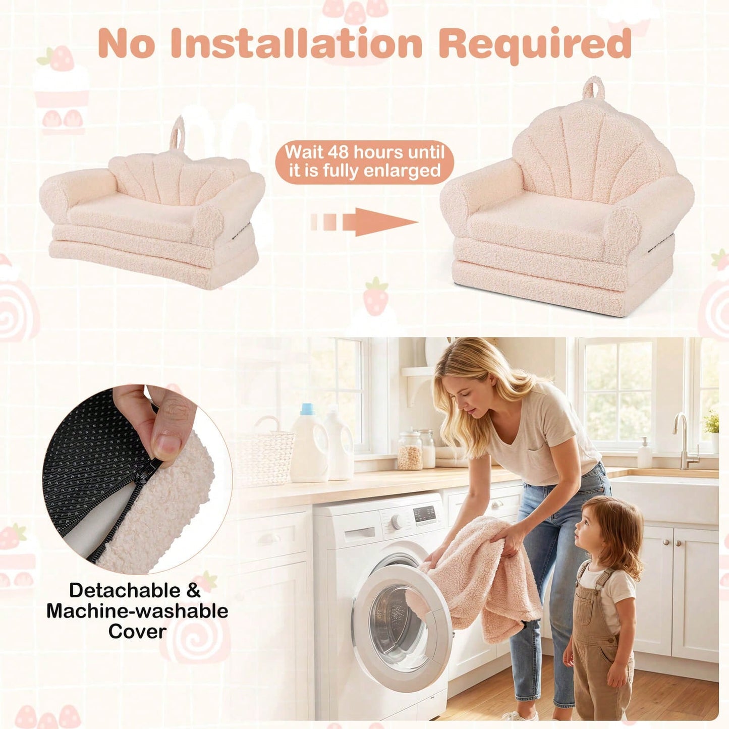 Fold-Out Kids Sofa 2-In-1 Convertible Toddler Couch & Lounger With Non-Slip Base Beige/Green/Pink