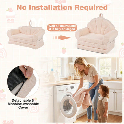Fold-Out Kids Sofa 2-In-1 Convertible Toddler Couch & Lounger With Non-Slip Base Beige/Green/Pink