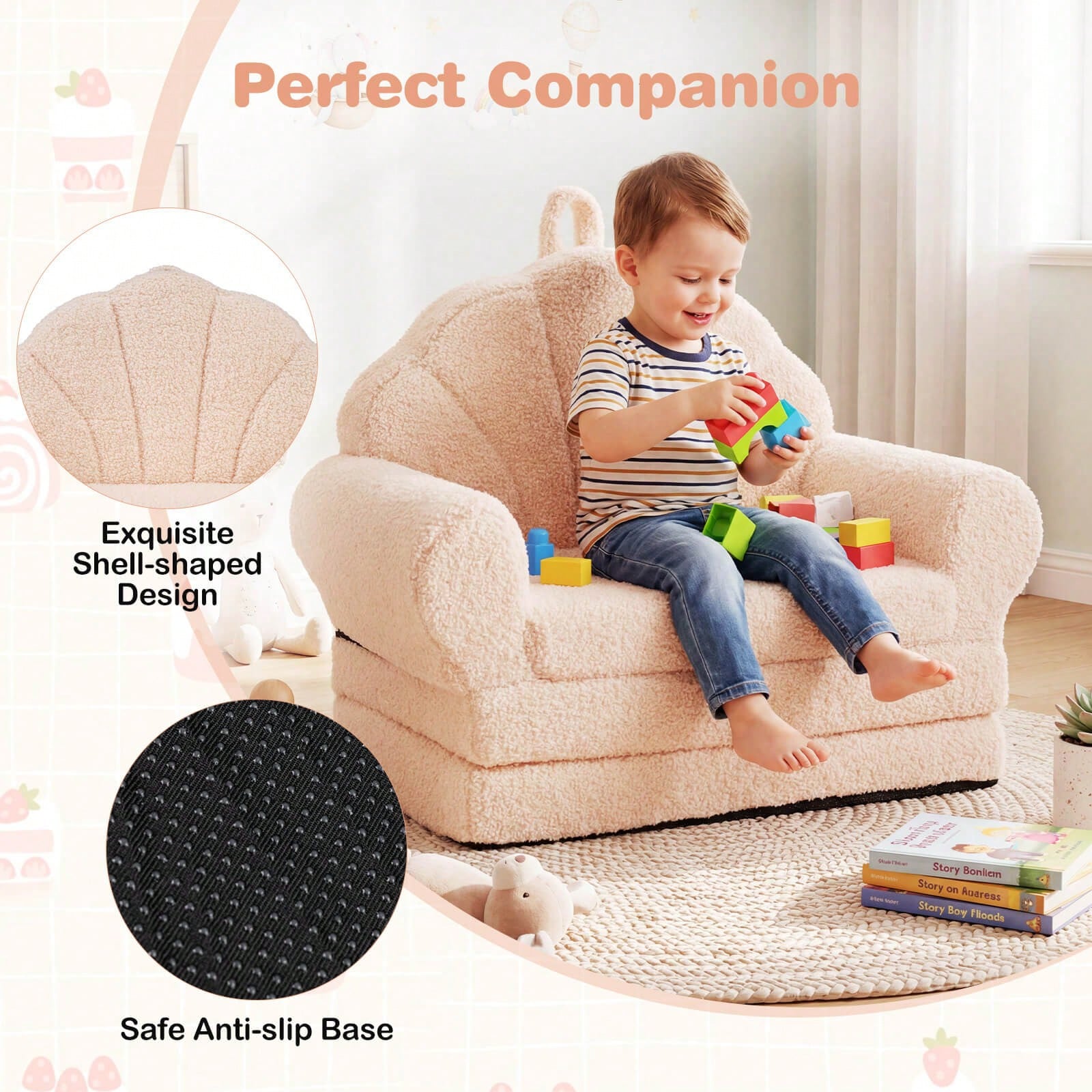 Fold-Out Kids Sofa 2-In-1 Convertible Toddler Couch & Lounger With Non-Slip Base Beige/Green/Pink