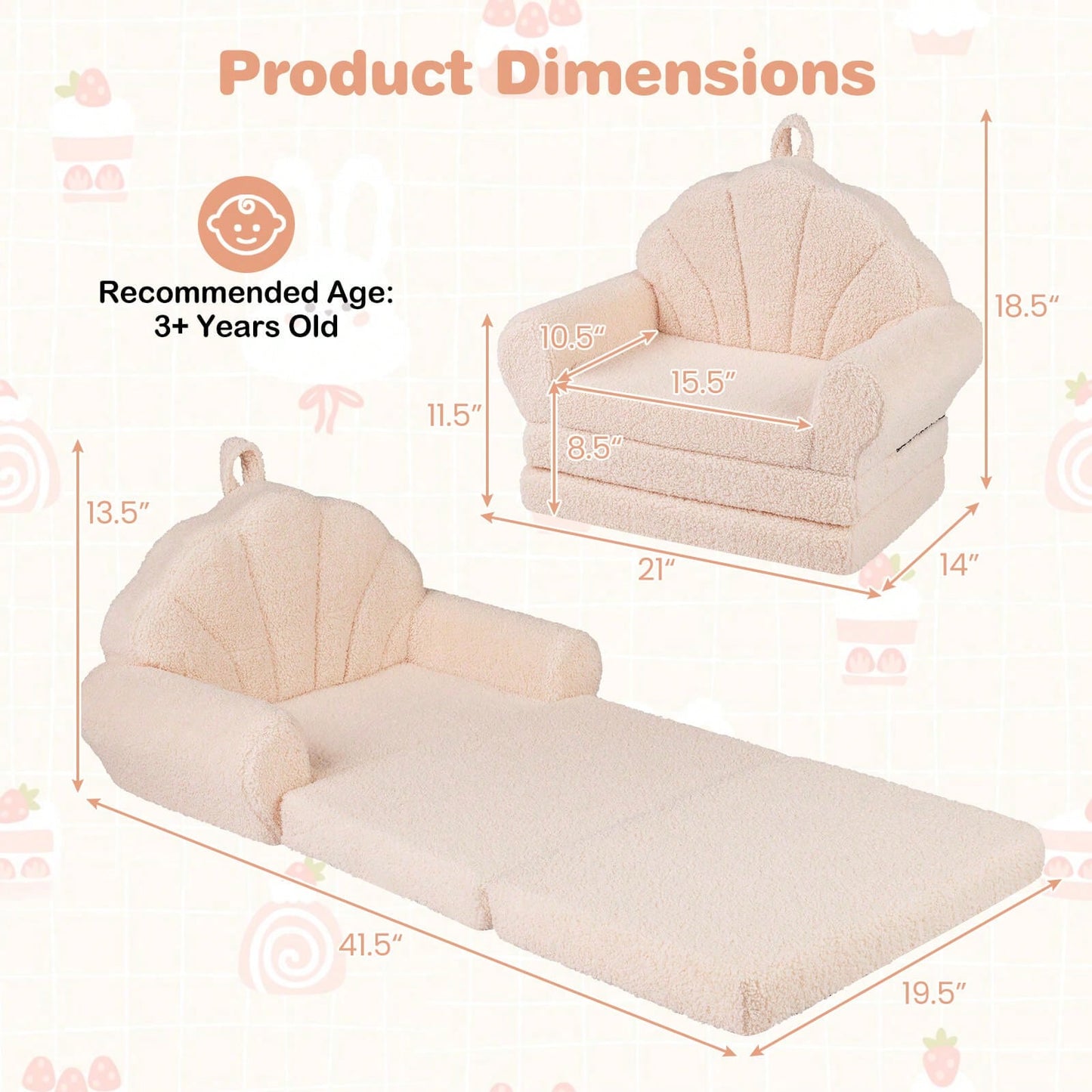 Fold-Out Kids Sofa 2-In-1 Convertible Toddler Couch & Lounger With Non-Slip Base Beige/Green/Pink