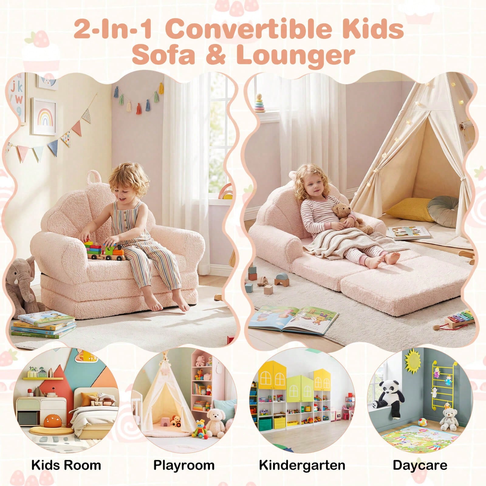 Fold-Out Kids Sofa 2-In-1 Convertible Toddler Couch & Lounger With Non-Slip Base Beige/Green/Pink