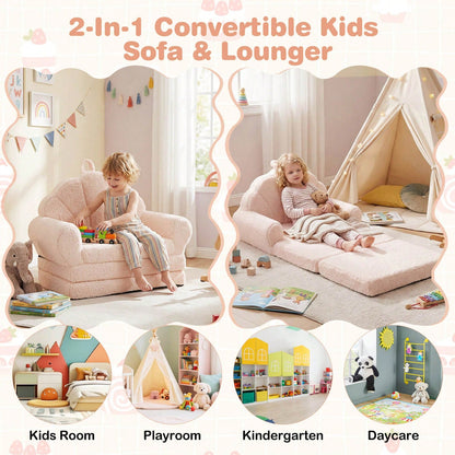 Fold-Out Kids Sofa 2-In-1 Convertible Toddler Couch & Lounger With Non-Slip Base Beige/Green/Pink