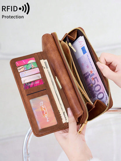FOREVER MIYIN RFID Blocking Trifold Long Wallet For Women, Flap Metal Buckle Wrist Bag, Multi Card Slots Clear ID Window Zip Coin Pocket Portable Daily Use Bag