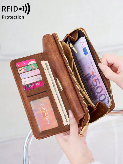 FOREVER MIYIN RFID Blocking Trifold Long Wallet For Women, Flap Metal Buckle Wrist Bag, Multi Card Slots Clear ID Window Zip Coin Pocket Portable Daily Use Bag