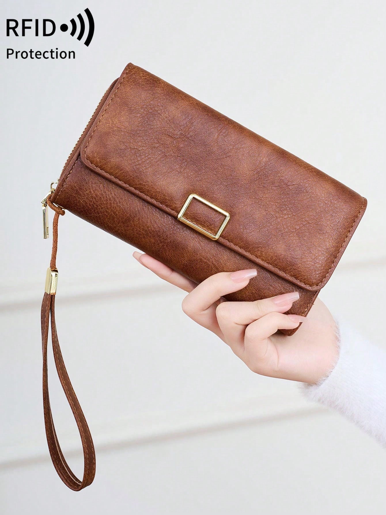 FOREVER MIYIN RFID Blocking Trifold Long Wallet For Women, Flap Metal Buckle Wrist Bag, Multi Card Slots Clear ID Window Zip Coin Pocket Portable Daily Use Bag