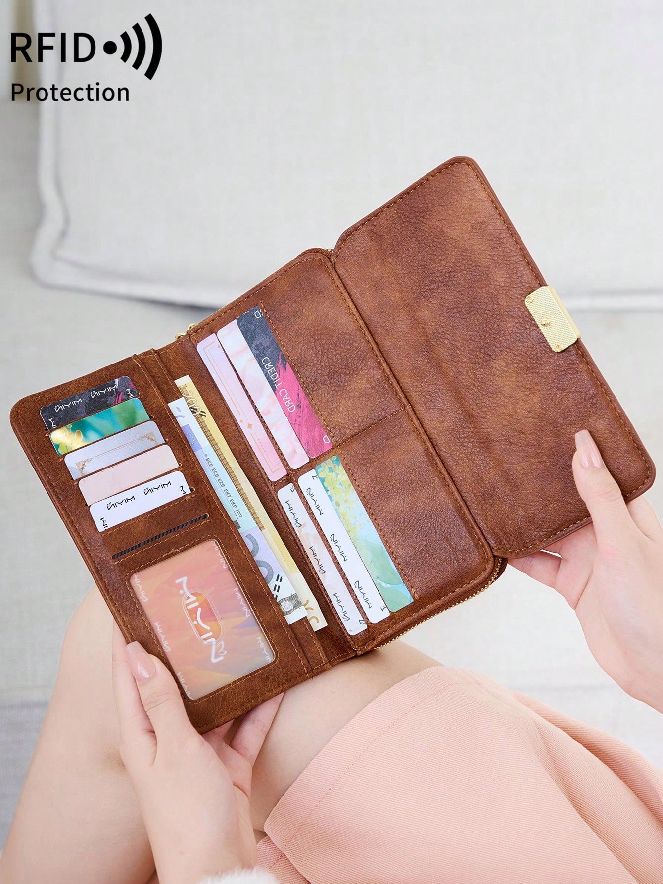 FOREVER MIYIN RFID Blocking Trifold Long Wallet For Women, Flap Metal Buckle Wrist Bag, Multi Card Slots Clear ID Window Zip Coin Pocket Portable Daily Use Bag