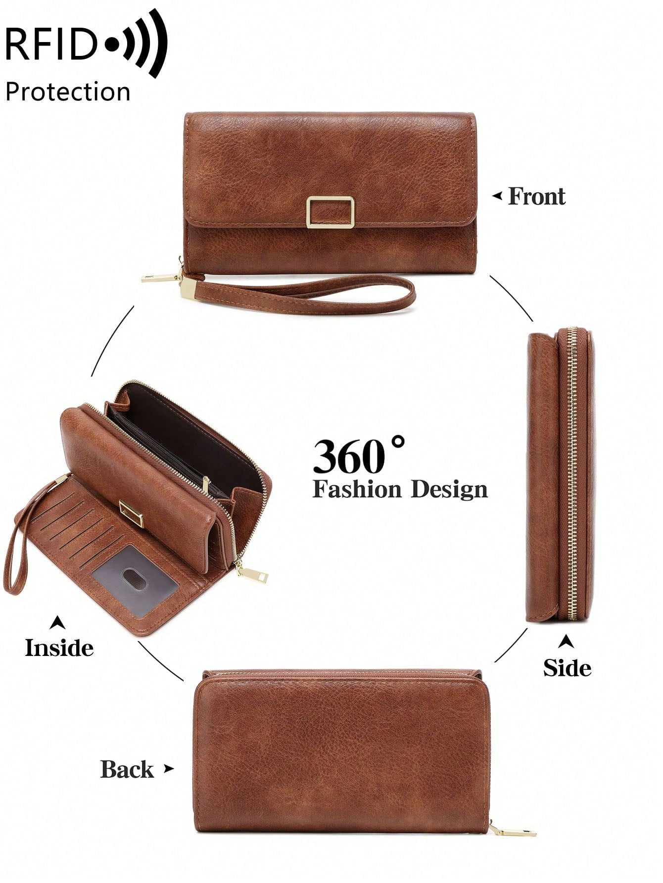 FOREVER MIYIN RFID Blocking Trifold Long Wallet For Women, Flap Metal Buckle Wrist Bag, Multi Card Slots Clear ID Window Zip Coin Pocket Portable Daily Use Bag