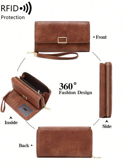 FOREVER MIYIN RFID Blocking Trifold Long Wallet For Women, Flap Metal Buckle Wrist Bag, Multi Card Slots Clear ID Window Zip Coin Pocket Portable Daily Use Bag