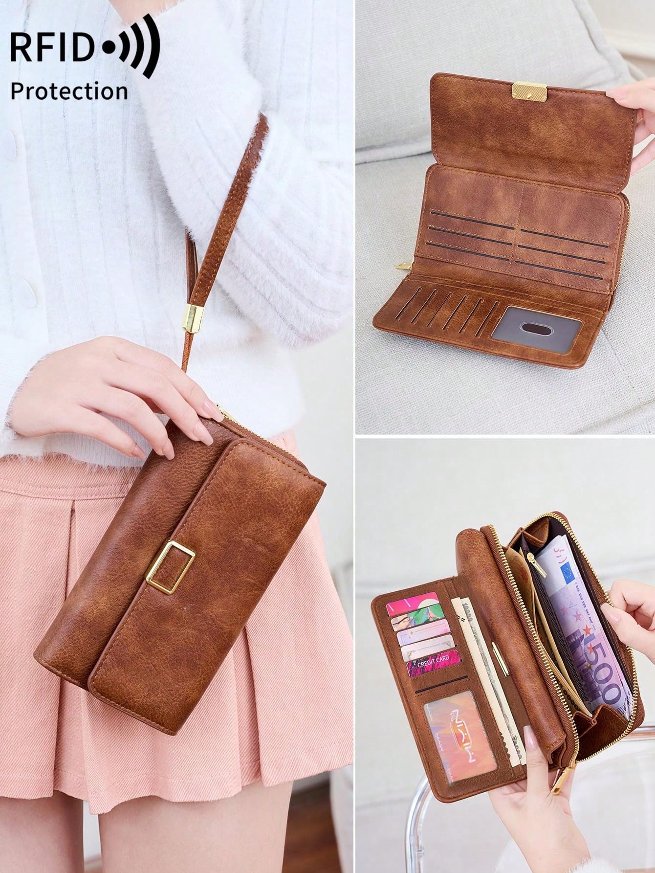FOREVER MIYIN RFID Blocking Trifold Long Wallet For Women, Flap Metal Buckle Wrist Bag, Multi Card Slots Clear ID Window Zip Coin Pocket Portable Daily Use Bag