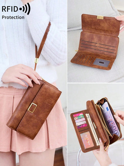 FOREVER MIYIN RFID Blocking Trifold Long Wallet For Women, Flap Metal Buckle Wrist Bag, Multi Card Slots Clear ID Window Zip Coin Pocket Portable Daily Use Bag