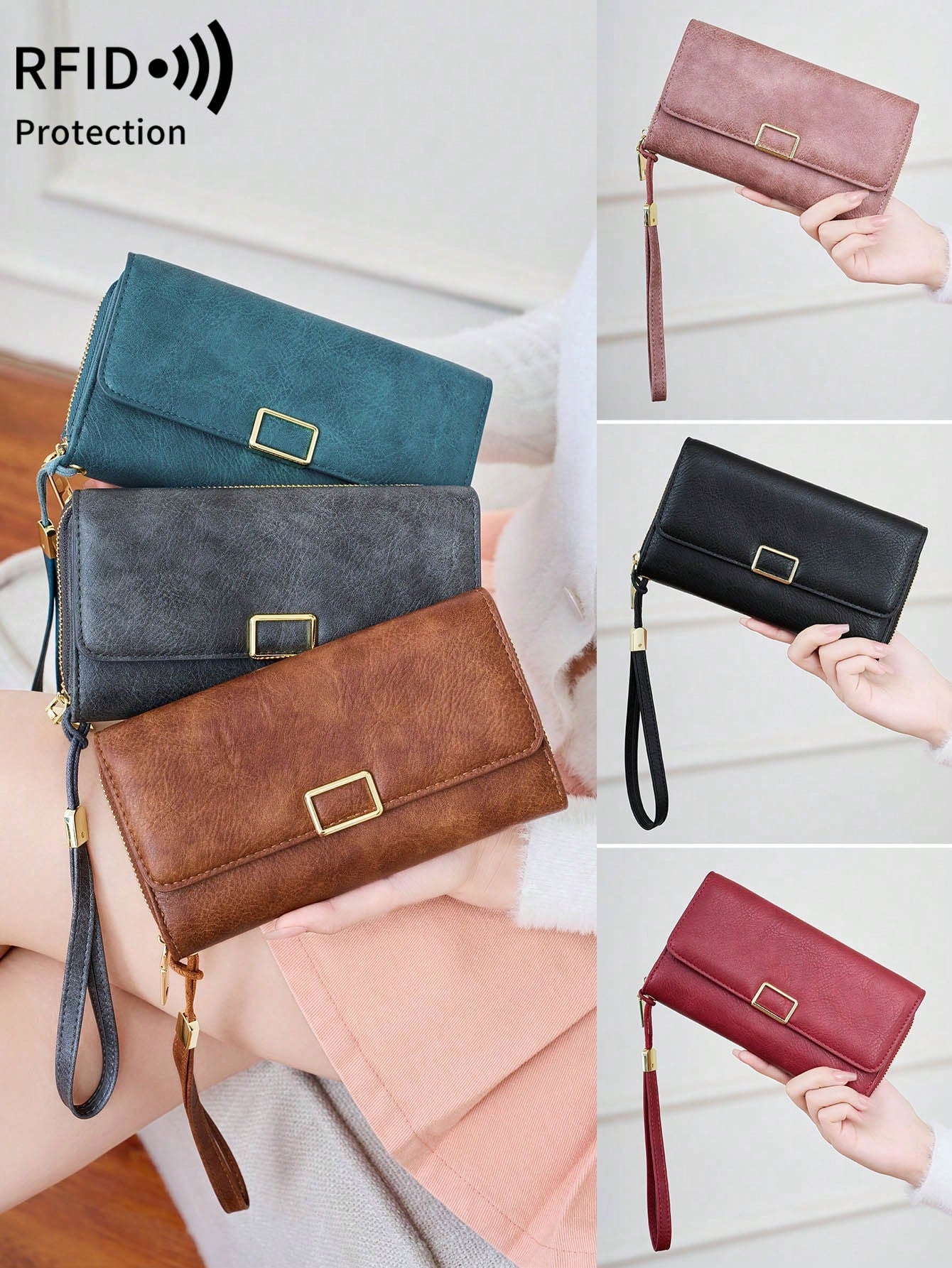 FOREVER MIYIN RFID Blocking Trifold Long Wallet For Women, Flap Metal Buckle Wrist Bag, Multi Card Slots Clear ID Window Zip Coin Pocket Portable Daily Use Bag