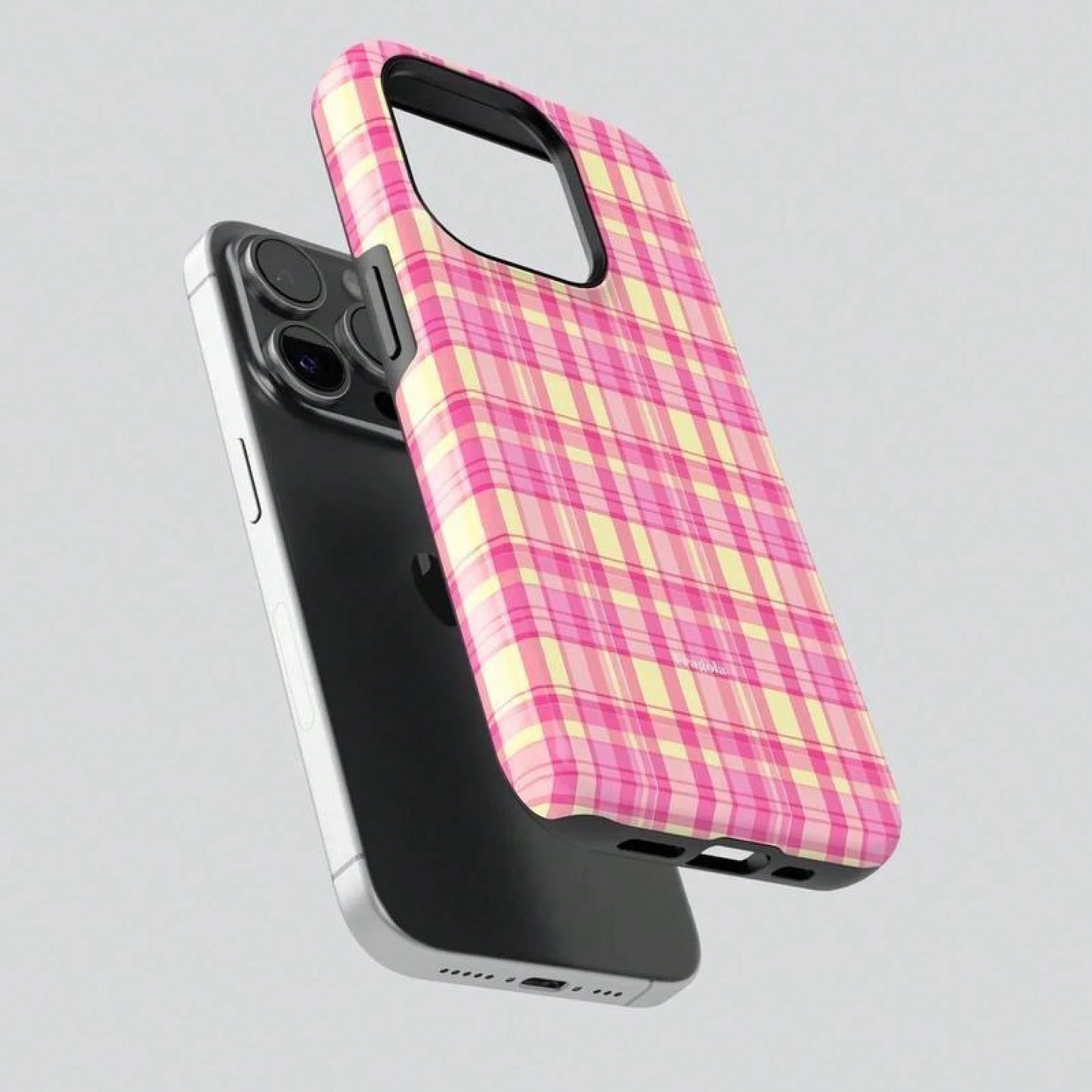 Fragola BUTTER Case- Pink & Yellow Plaid Design For 11 12 13 14 15 16 Pro Max| Minimalist & Durable Protection
