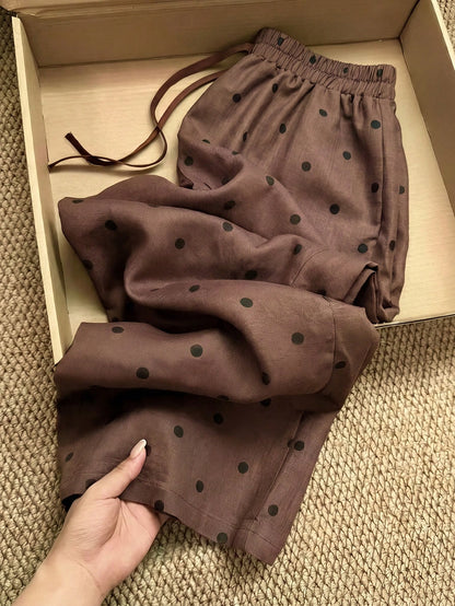 Franclia 1960s Vintage Brown Polka Dot Summer Pants,Elegant French Style Elastic Waist Pocket Design Lounge Pants For Casual,Daily,Commute,Beach,Countryside