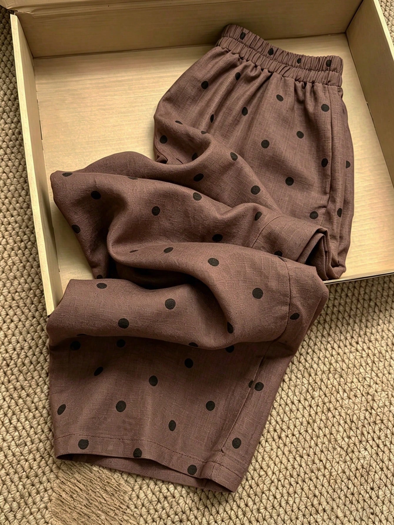 Franclia 1960s Vintage Brown Polka Dot Summer Pants,Elegant French Style Elastic Waist Pocket Design Lounge Pants For Casual,Daily,Commute,Beach,Countryside