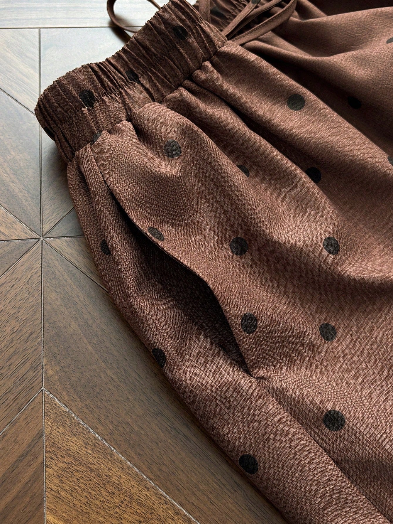 Franclia 1960s Vintage Brown Polka Dot Summer Pants,Elegant French Style Elastic Waist Pocket Design Lounge Pants For Casual,Daily,Commute,Beach,Countryside