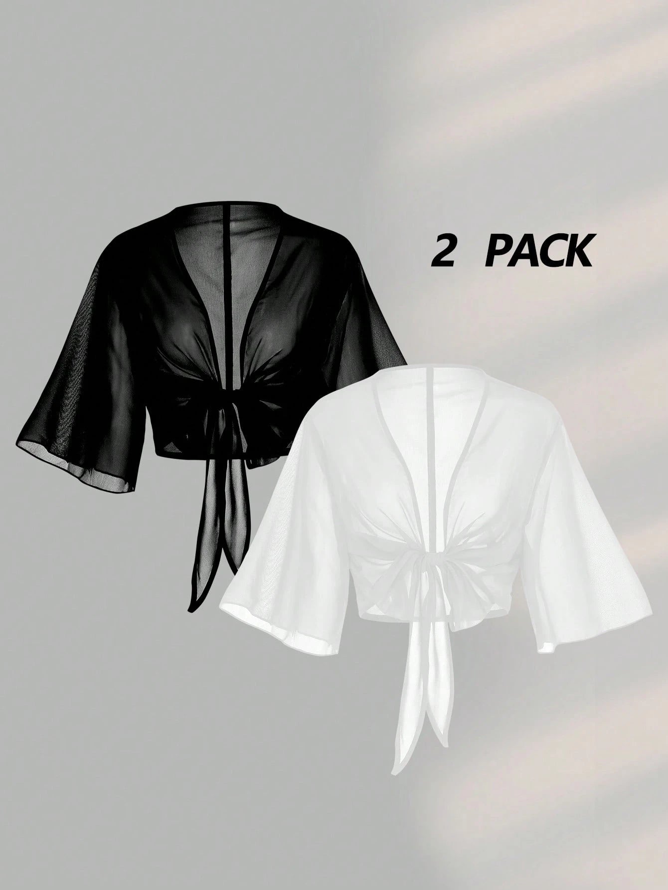 Franclia 2pcs Set Women Plus Size Short Sleeve V-Neck Chiffon Blouse With Bowknot Tie, Elegant Sexy Classy Black And White Summer Sheer Tops Night Out Beach