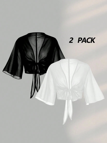 Franclia 2pcs Set Women Plus Size Short Sleeve V-Neck Chiffon Blouse With Bowknot Tie, Elegant Sexy Classy Black And White Summer Sheer Tops Night Out Beach