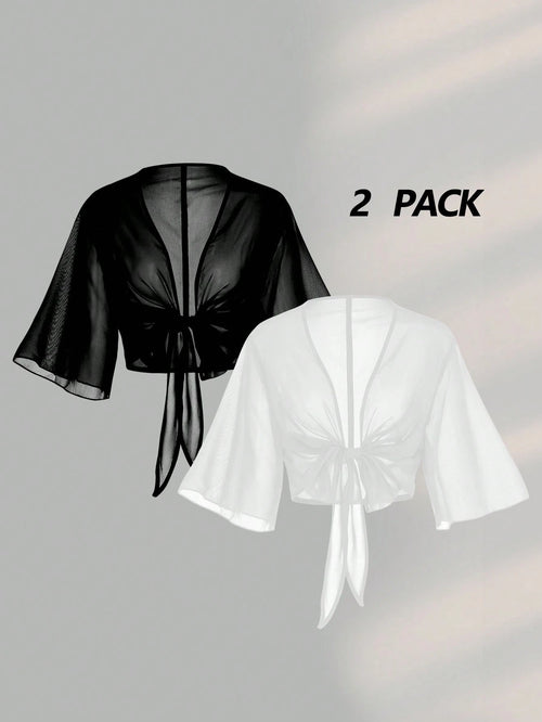 Franclia 2pcs Set Women Plus Size Short Sleeve V-Neck Chiffon Blouse With Bowknot Tie, Elegant Sexy Classy Black And White Summer Sheer Tops Night Out Beach