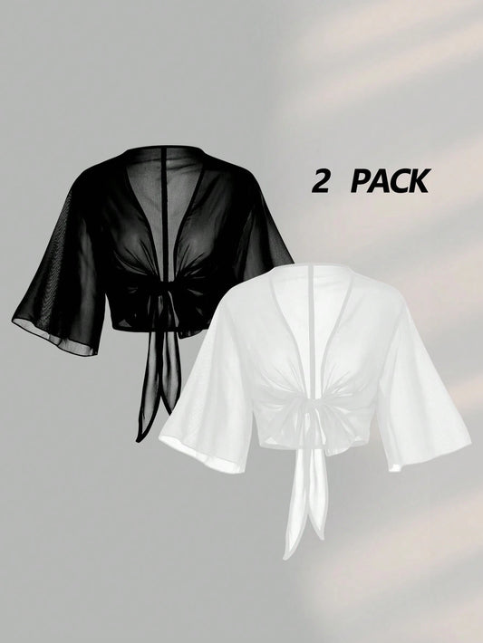 Franclia 2pcs Set Women Plus Size Short Sleeve V-Neck Chiffon Blouse With Bowknot Tie, Elegant Sexy Classy Black And White Summer Sheer Tops Night Out Beach