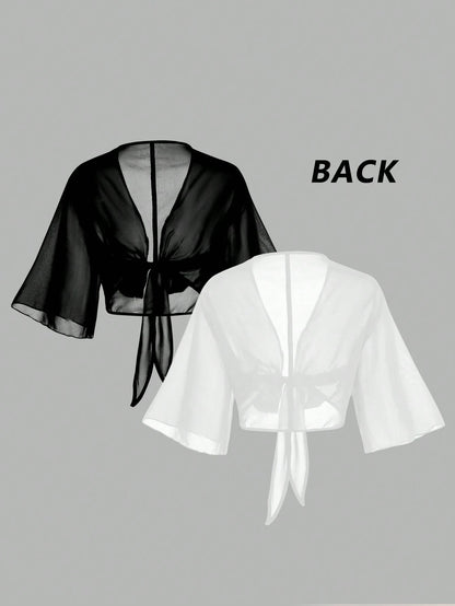 Franclia 2pcs Set Women Plus Size Short Sleeve V-Neck Chiffon Blouse With Bowknot Tie, Elegant Sexy Classy Black And White Summer Sheer Tops Night Out Beach