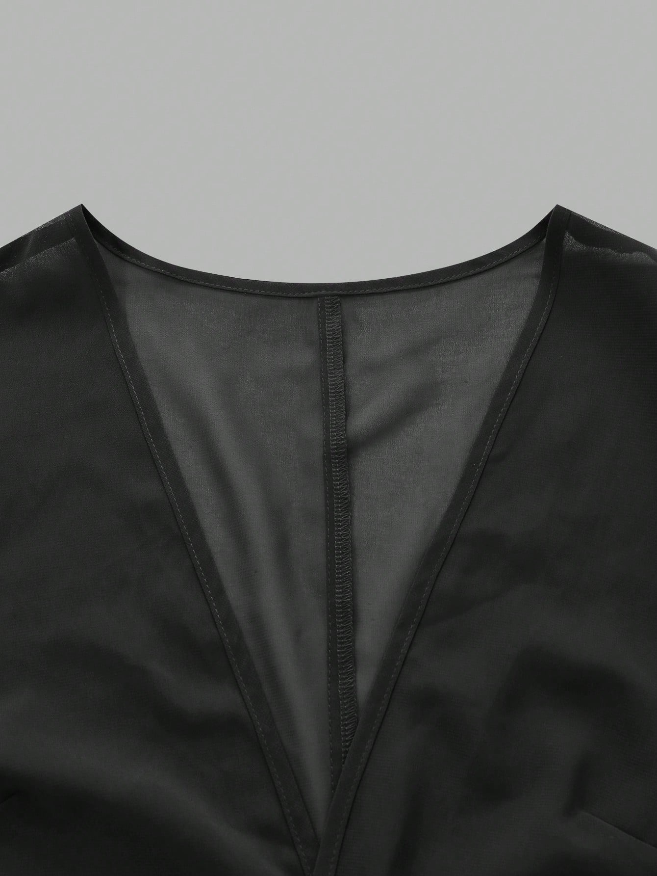 Franclia 2pcs Set Women Plus Size Short Sleeve V-Neck Chiffon Blouse With Bowknot Tie, Elegant Sexy Classy Black And White Summer Sheer Tops Night Out Beach