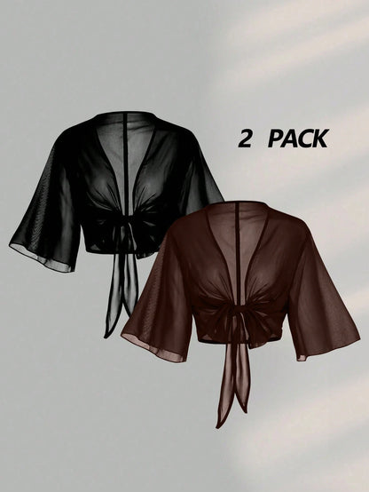 Franclia 2pcs Set Women Plus Size Short Sleeve V-Neck Chiffon Blouse With Bowknot Tie, Elegant Sexy Classy Black And White Summer Sheer Tops Night Out Beach