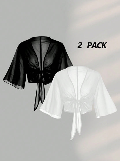 Franclia 2pcs Set Women Plus Size Short Sleeve V-Neck Chiffon Blouse With Bowknot Tie, Elegant Sexy Classy Black And White Summer Sheer Tops Night Out Beach