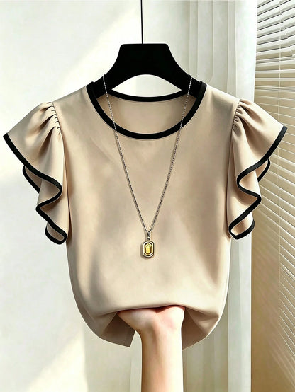 Franclia Black And White Contrast T-Shirt Made Of Skin-Friendly Elastic Fabric, Comfortable To Wear. Round Neck With Contrast Trim, Simple Yet Elegant; Flutter Sleeve Design Adds A Gentle And Yo
