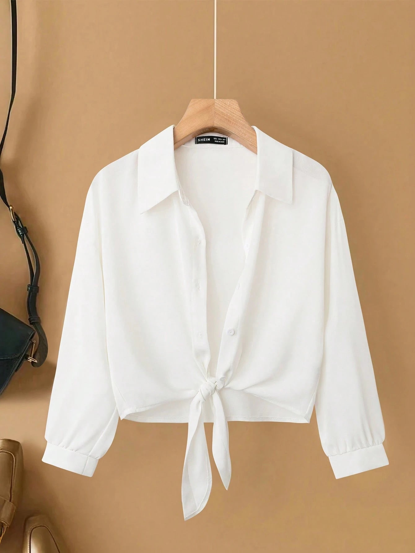 Franclia French Elegant Summer Mother Woven Turndown Collar Long Sleeve Tie-Front,New White Blouse For Women Casual Modern Crop Shirt Business Tops