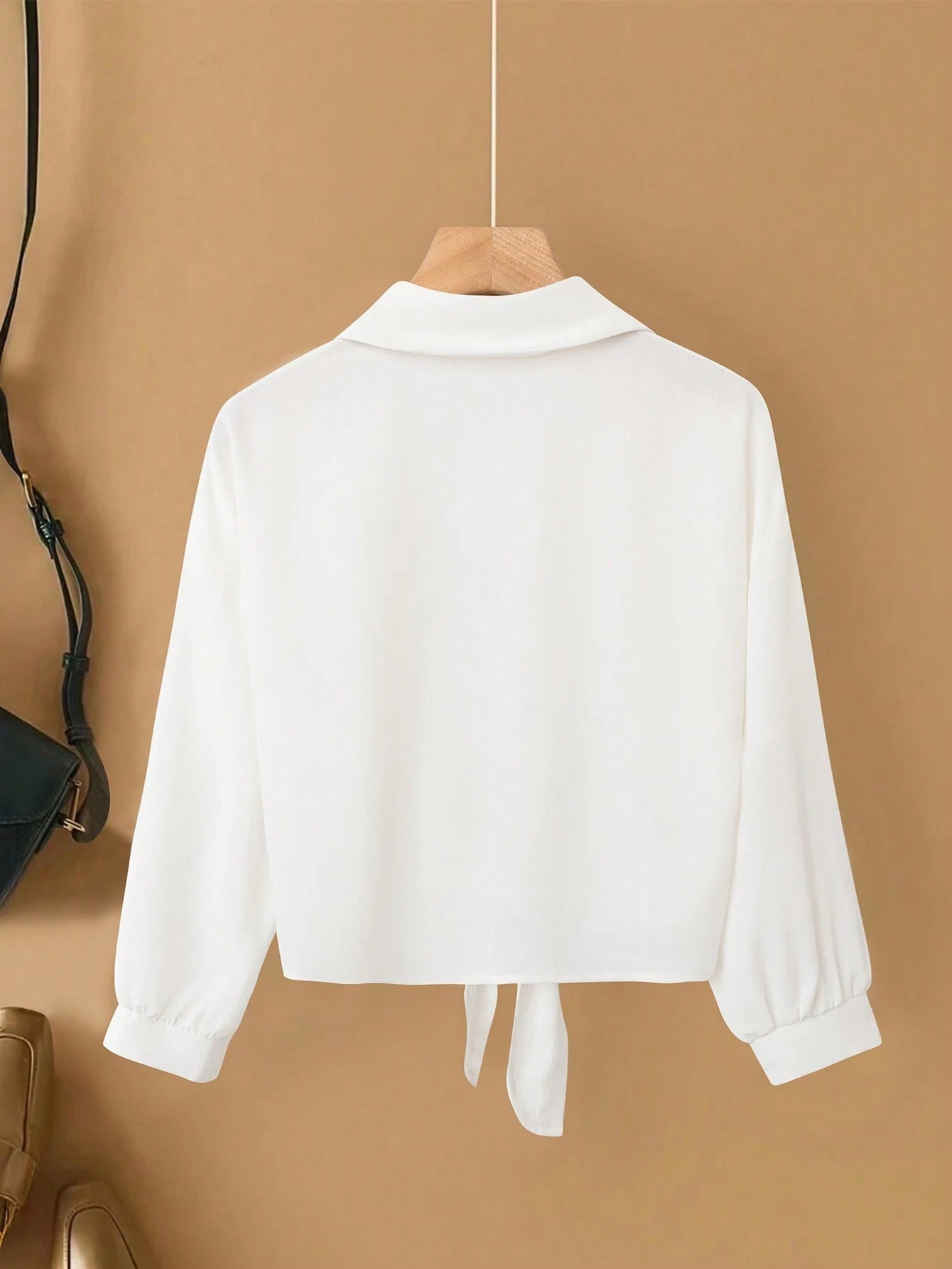 Franclia French Elegant Summer Mother Woven Turndown Collar Long Sleeve Tie-Front,New White Blouse For Women Casual Modern Crop Shirt Business Tops