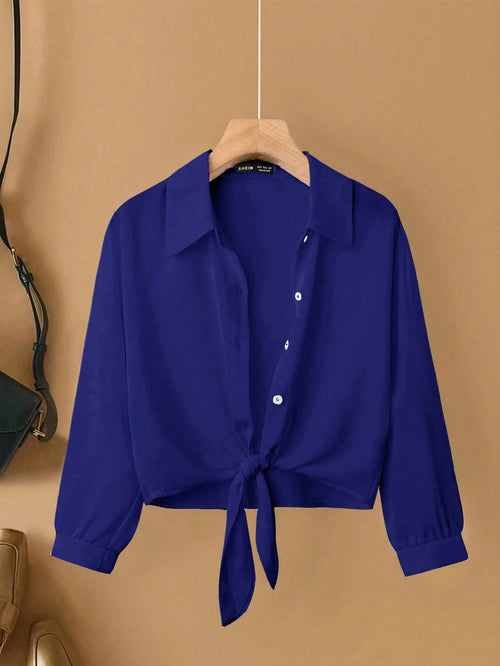 Franclia French Elegant Woven Turndown Collar Long Sleeve Tie-Front, New Summer White Women Blouse Fall Cloth For Women