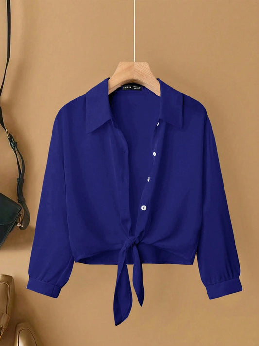 Franclia French Elegant Woven Turndown Collar Long Sleeve Tie-Front, New Summer White Women Blouse Fall Cloth For Women