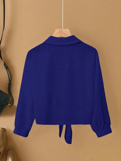 Franclia French Elegant Woven Turndown Collar Long Sleeve Tie-Front, New Summer White Women Blouse Fall Cloth For Women