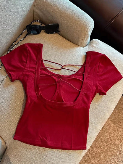 Franclia Hollow Out Back Padded Short Sleeve T-Shirt