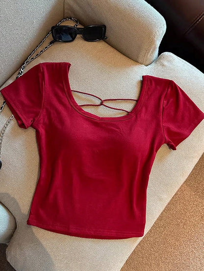 Franclia Hollow Out Back Padded Short Sleeve T-Shirt