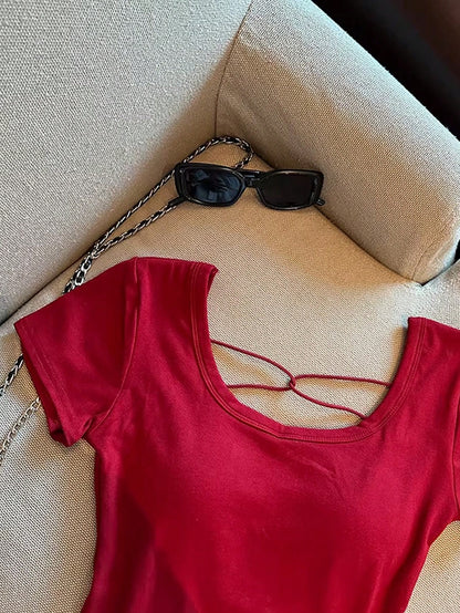 Franclia Hollow Out Back Padded Short Sleeve T-Shirt