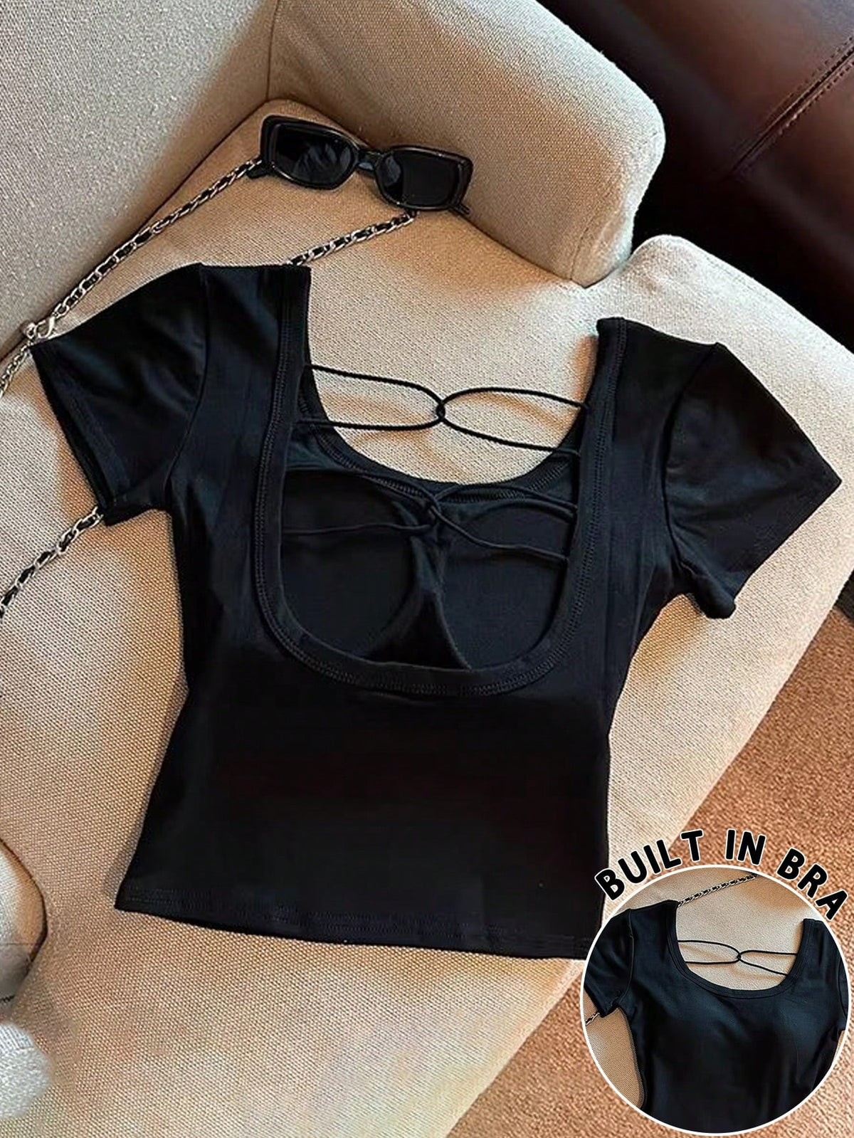 Franclia Hollow Out Back Padded Short Sleeve T-Shirt