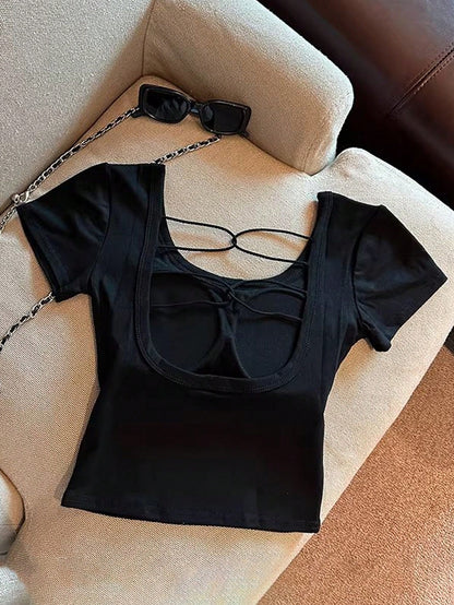 Franclia Hollow Out Back Padded Short Sleeve T-Shirt