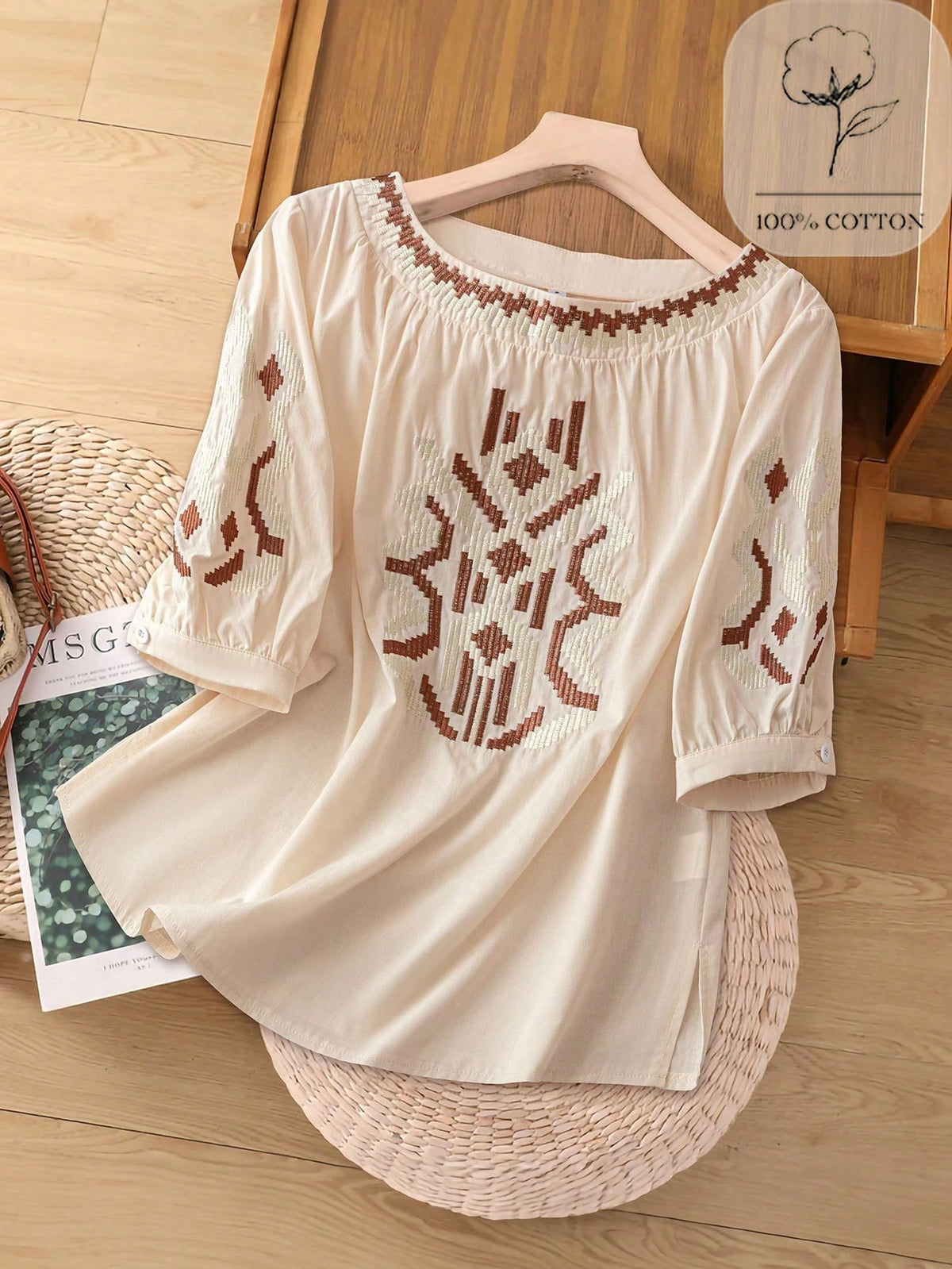 Franclia Retro Heavily Embroidered Half Sleeve Crew Neck Casual Shirt